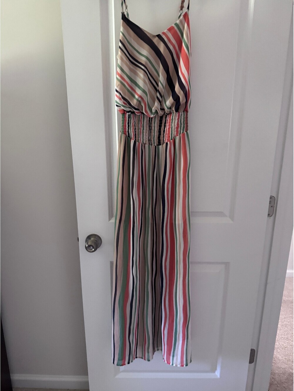 Striped spaghetti strap smocked waist maxi dress
